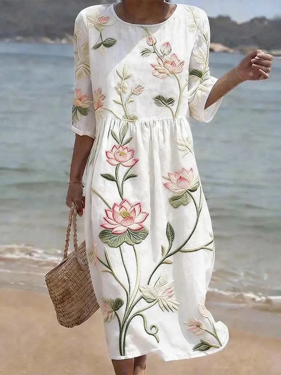Lotus Floral Embroidered Crew Neck Half Sleeve Midi Beach Dress