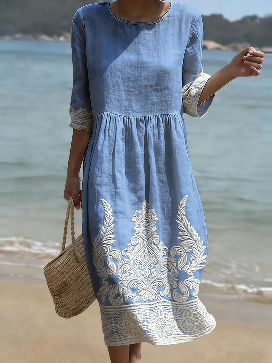 Round Neck Half Sleeve Embroidered Lace Trim Midi Dress
