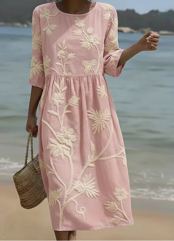 Floral Embroidered Round Neck Half Sleeve Midi Dress 2