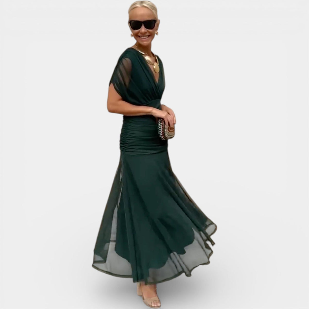 Surplice V-Neck Short Sleeve Ruched Waist Mesh Maxi Dress 4