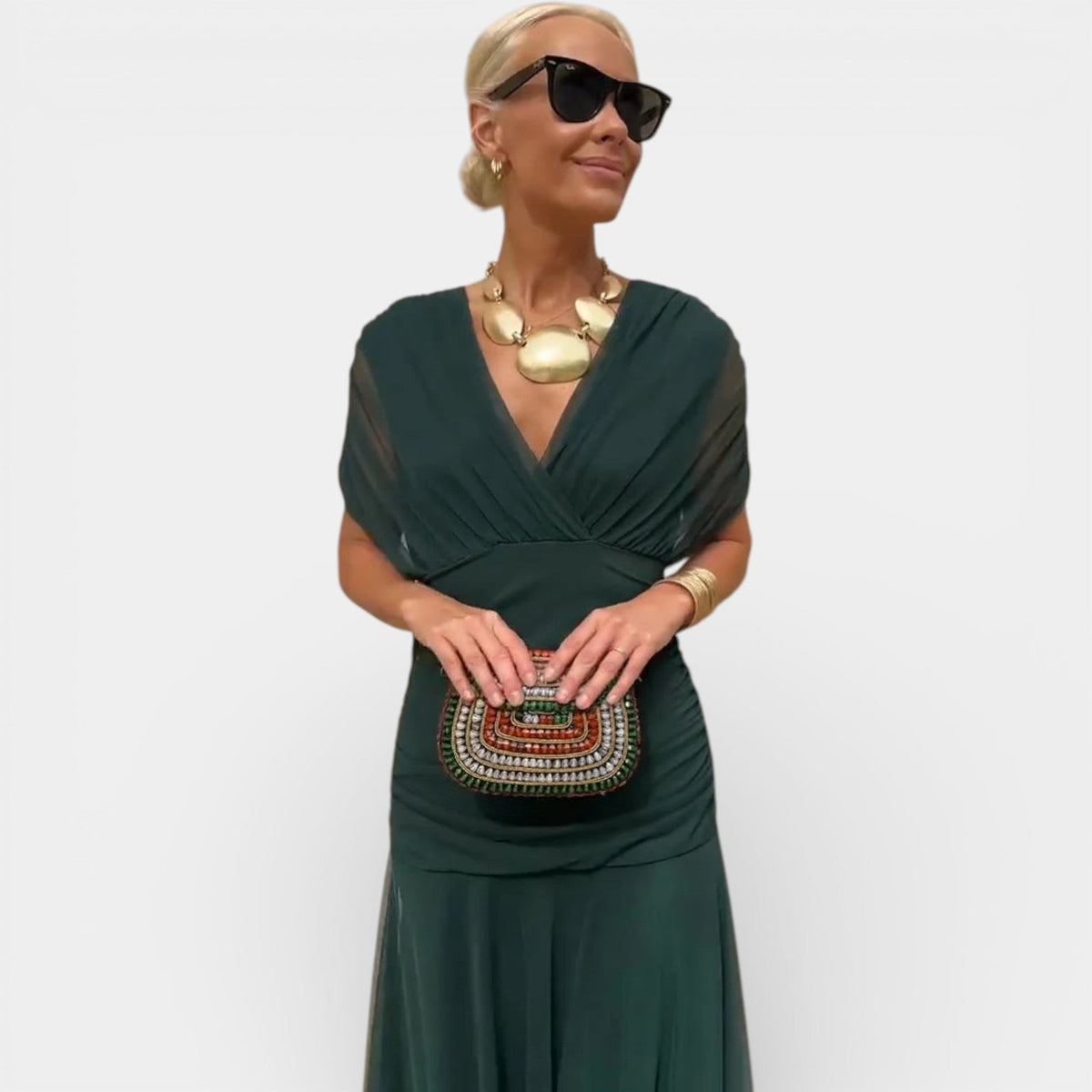 Surplice V-Neck Short Sleeve Ruched Waist Mesh Maxi Dress 5
