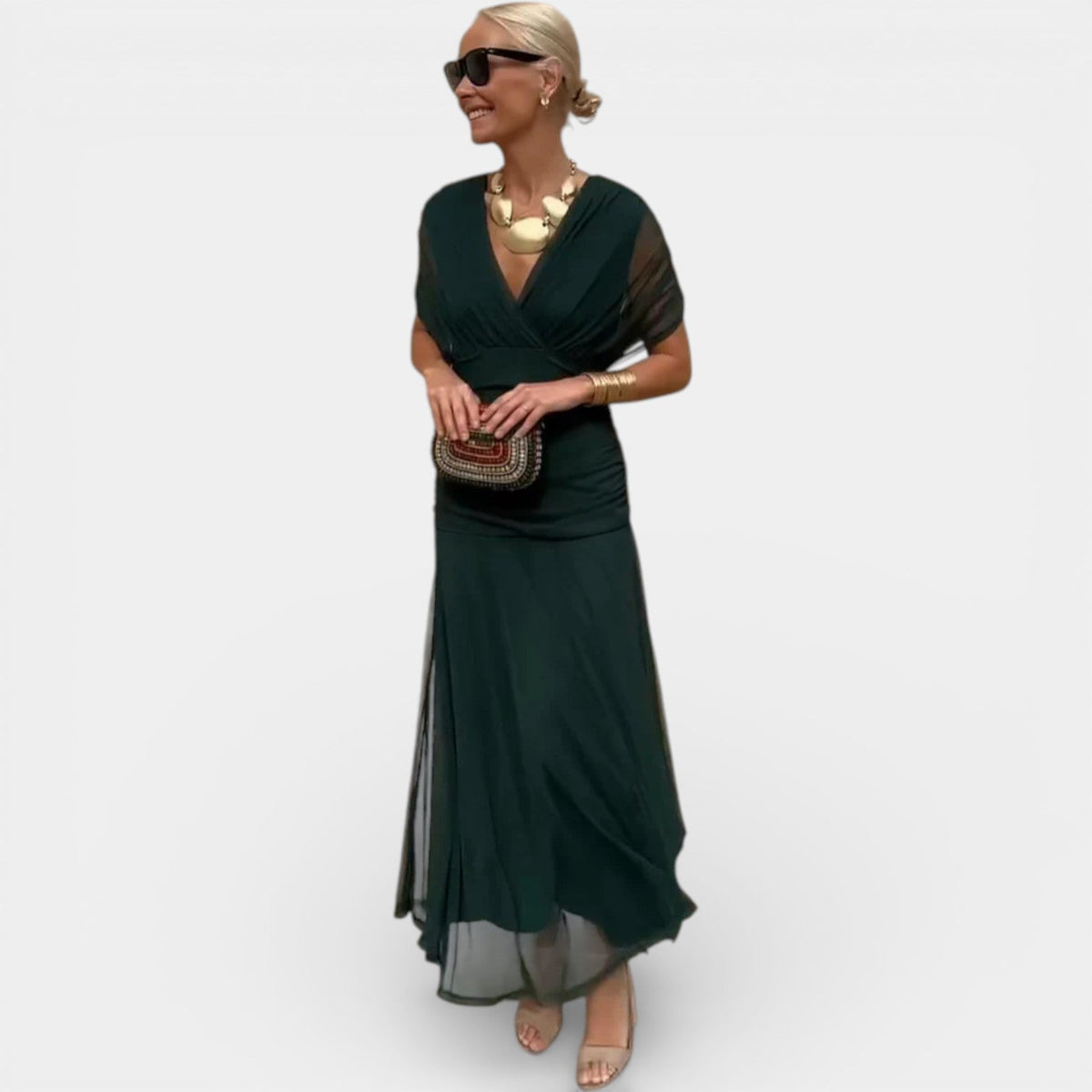 Surplice V-Neck Short Sleeve Ruched Waist Mesh Maxi Dress