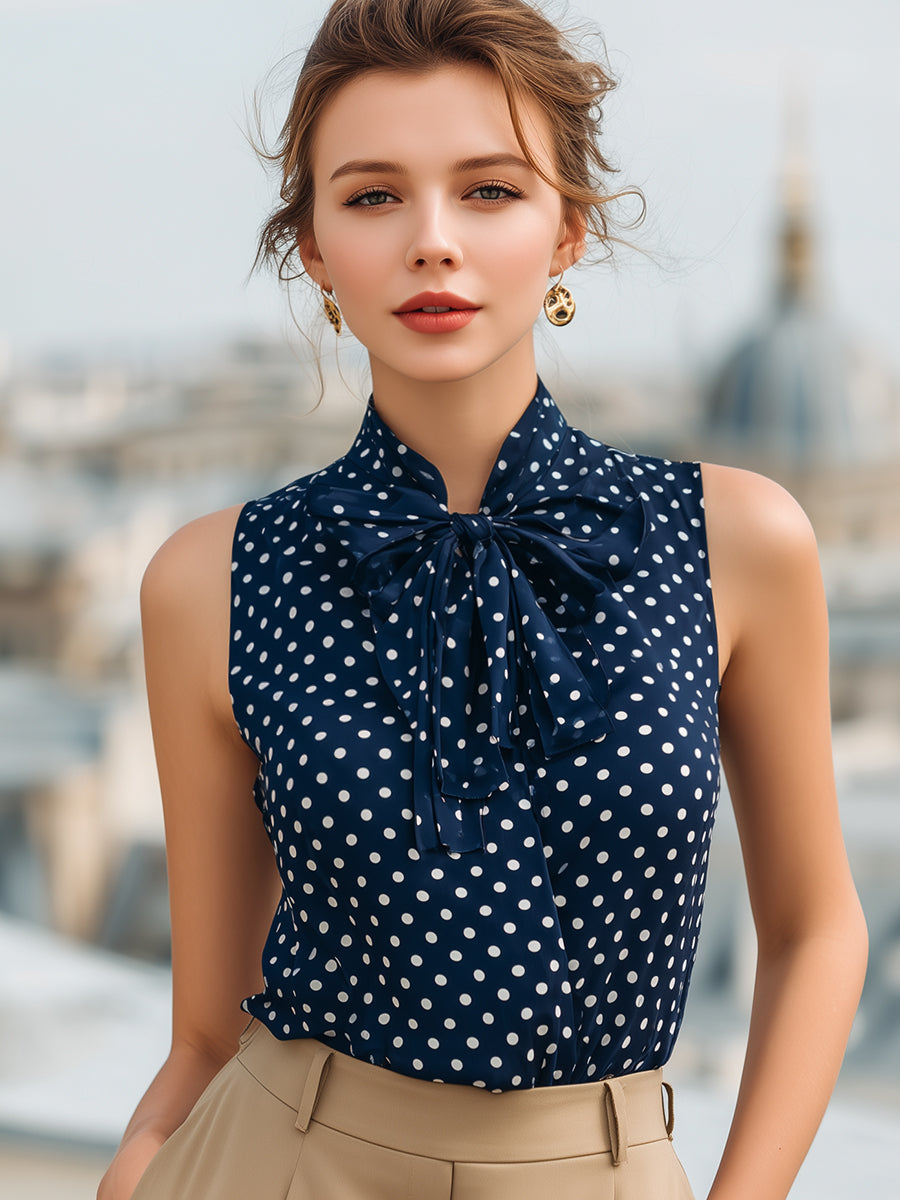 Polka Dot Bow Tie Neck Sleeveless Blouse 2