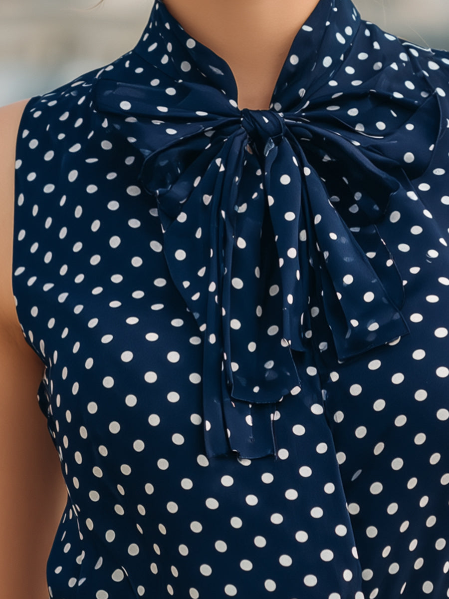 Polka Dot Bow Tie Neck Sleeveless Blouse 4