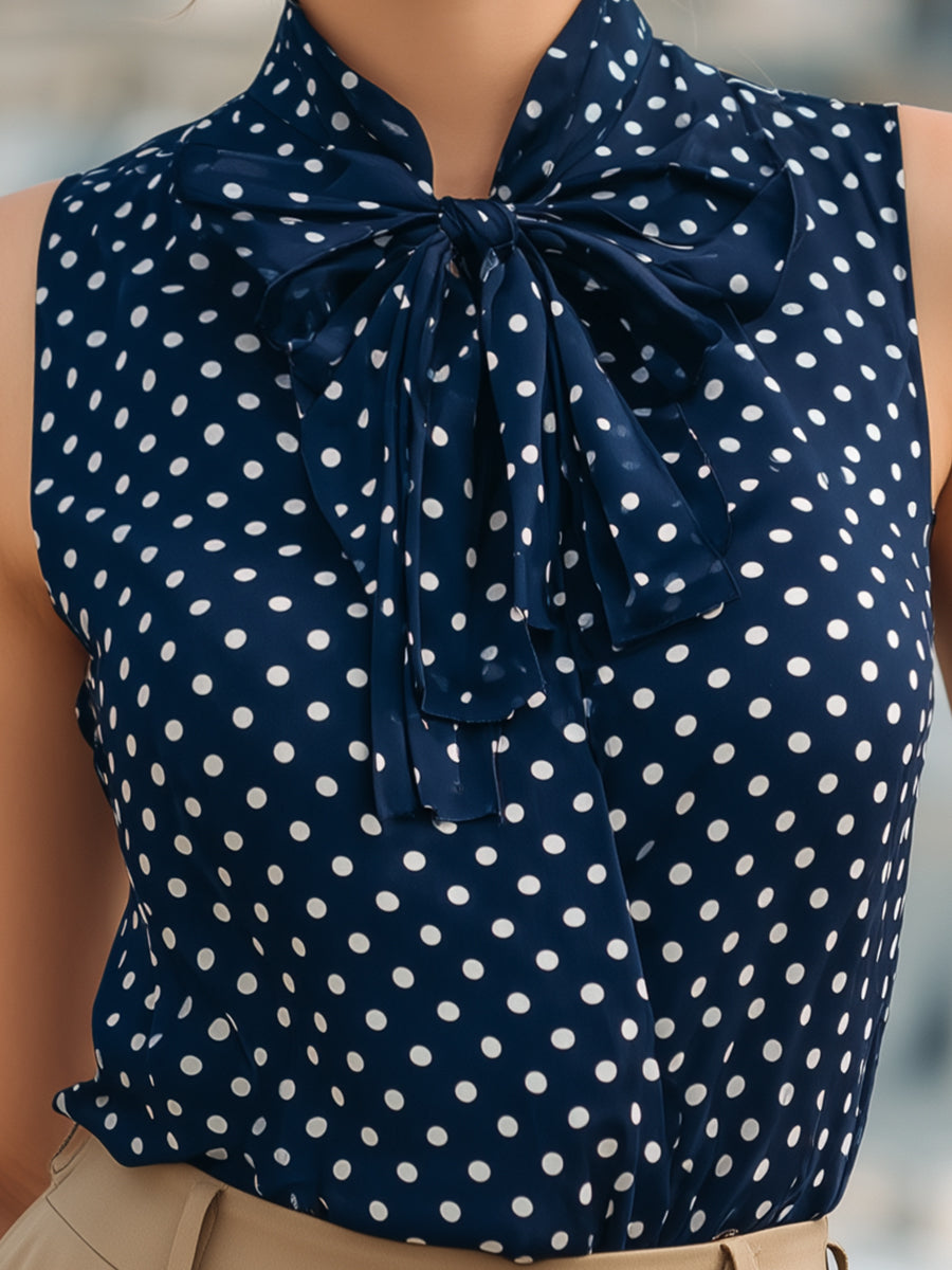 Polka Dot Bow Tie Neck Sleeveless Blouse 3