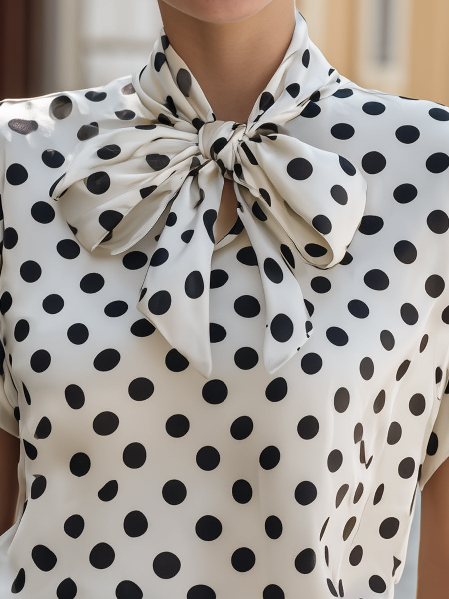 Satin Polka Dot Bow Tie Neck Cap Sleeve Blouse 4