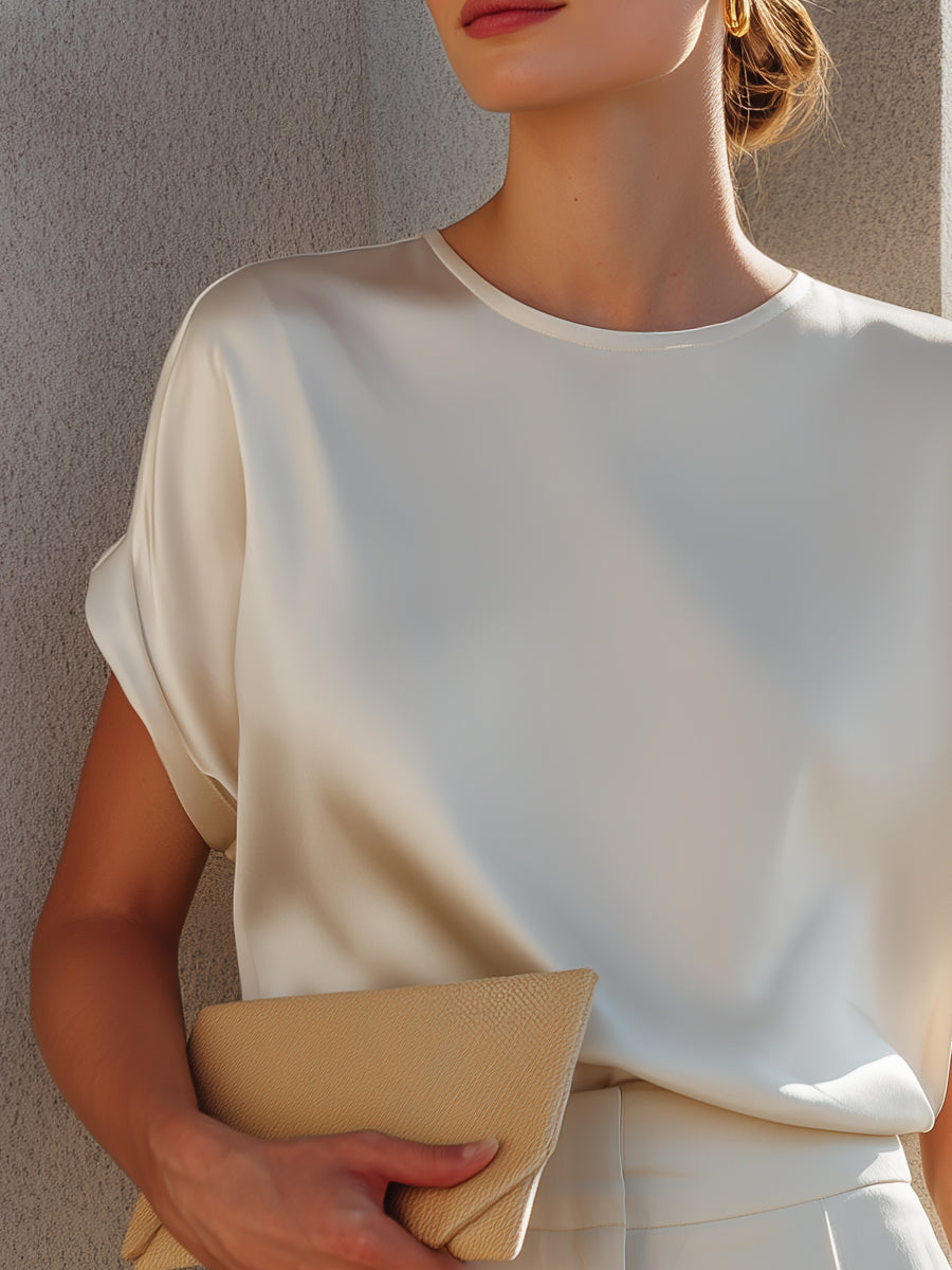 Round Neck Cap Sleeve Satin Blouse 2