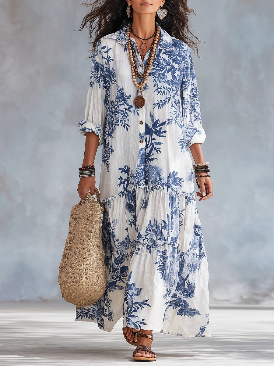 Collared Button Front Floral Tiered Maxi Shirt Dress