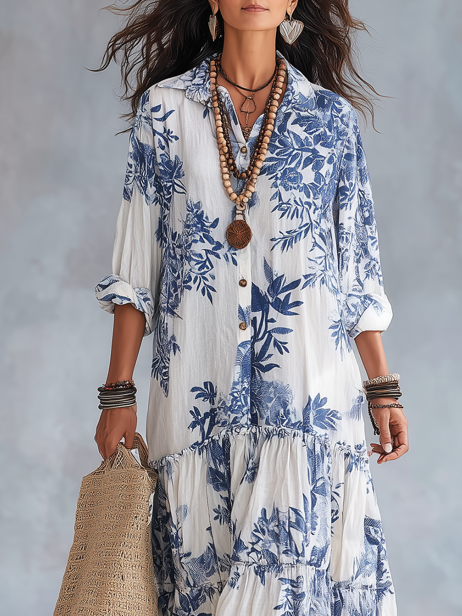 Collared Button Front Floral Tiered Maxi Shirt Dress 2