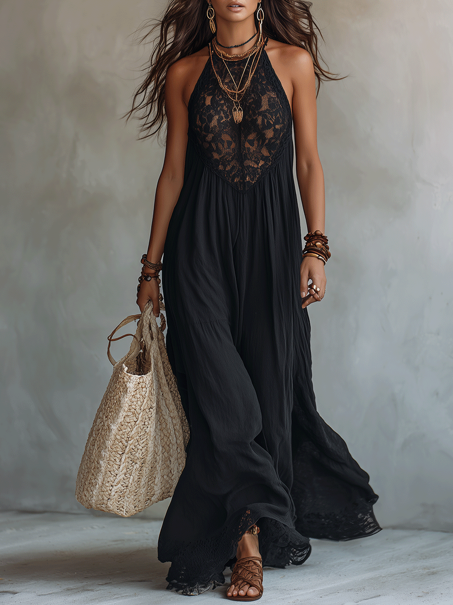 Halter Neck Lace Bodice Flowy Maxi Dress
