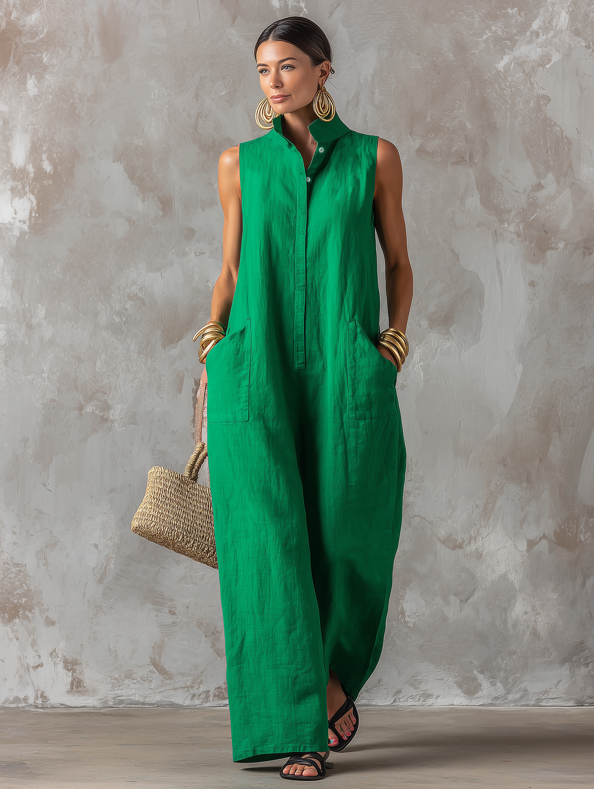 Stand Collar Sleeveless Button Front Wide Leg Jumpsuit