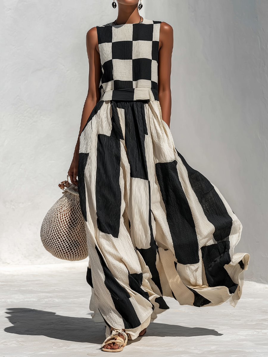 Checkerboard Stripe Panelled Sleeveless Maxi Dress