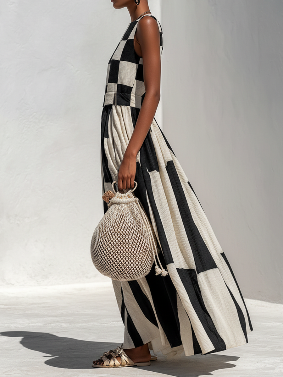Checkerboard Stripe Panelled Sleeveless Maxi Dress 3