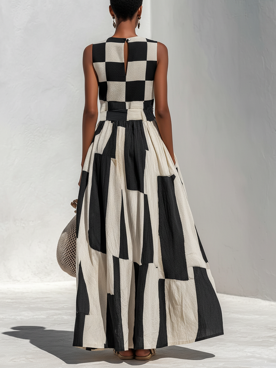 Checkerboard Stripe Panelled Sleeveless Maxi Dress 4