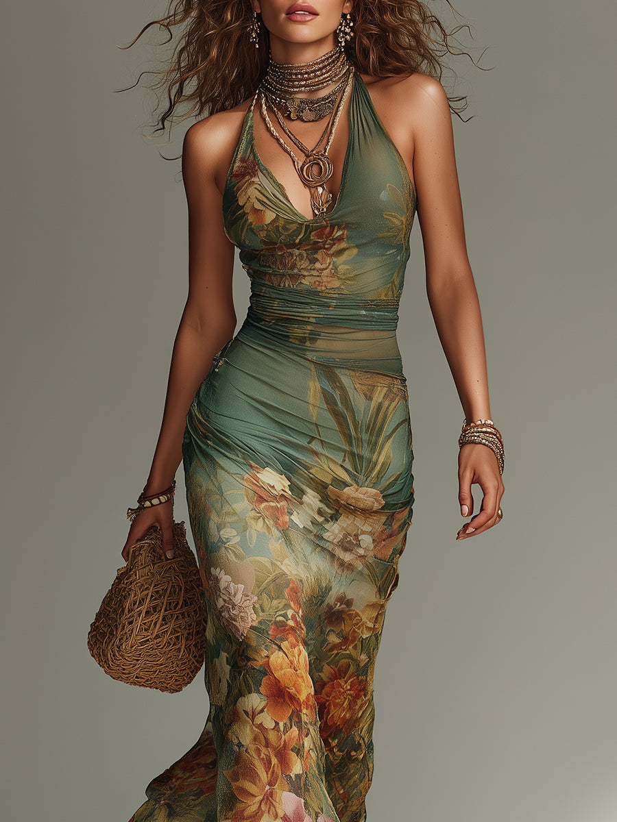 Floral Print Halter Neck Ruched Mesh Maxi Dress 7