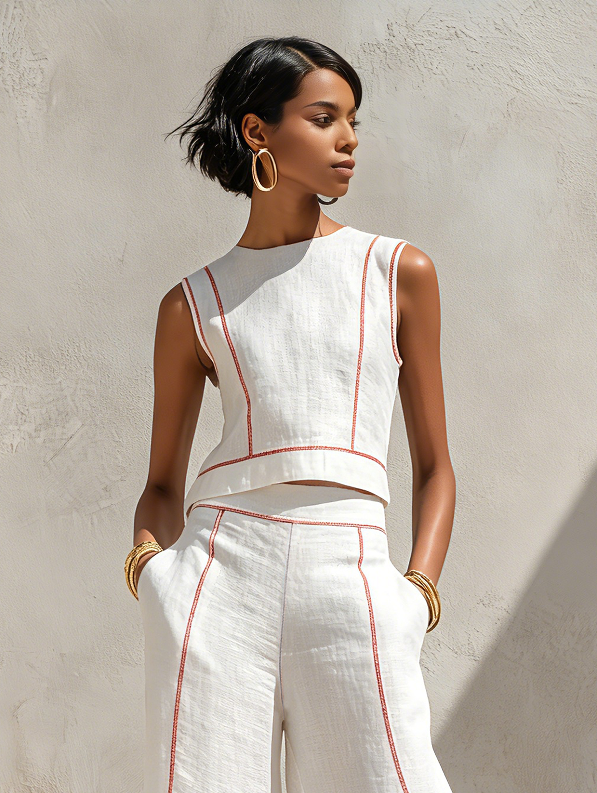 Contrast Stitch Sleeveless Top and Wide Leg Pants Two Piece Set 6
