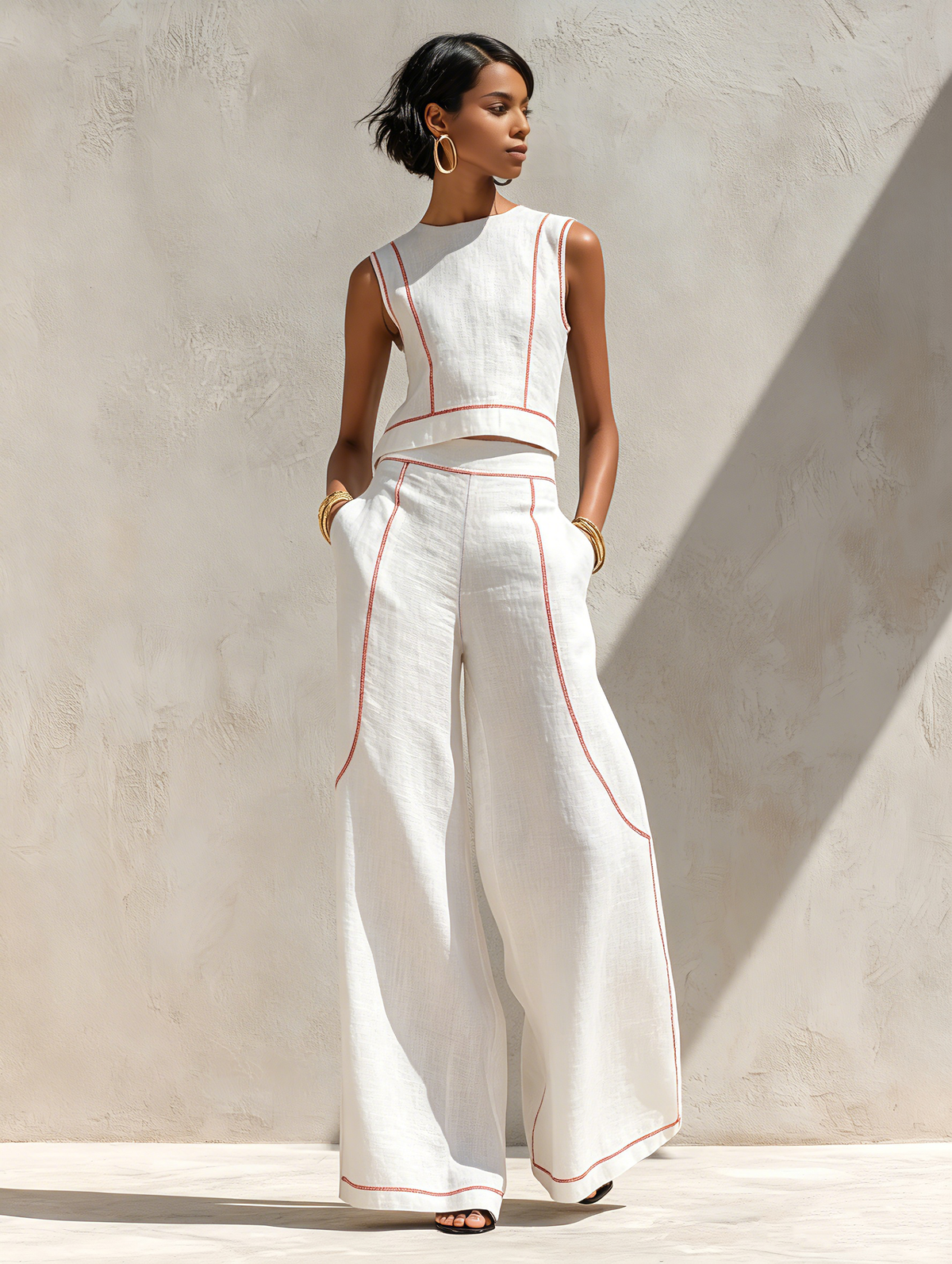 Contrast Stitch Sleeveless Top and Wide Leg Pants Two Piece Set 8