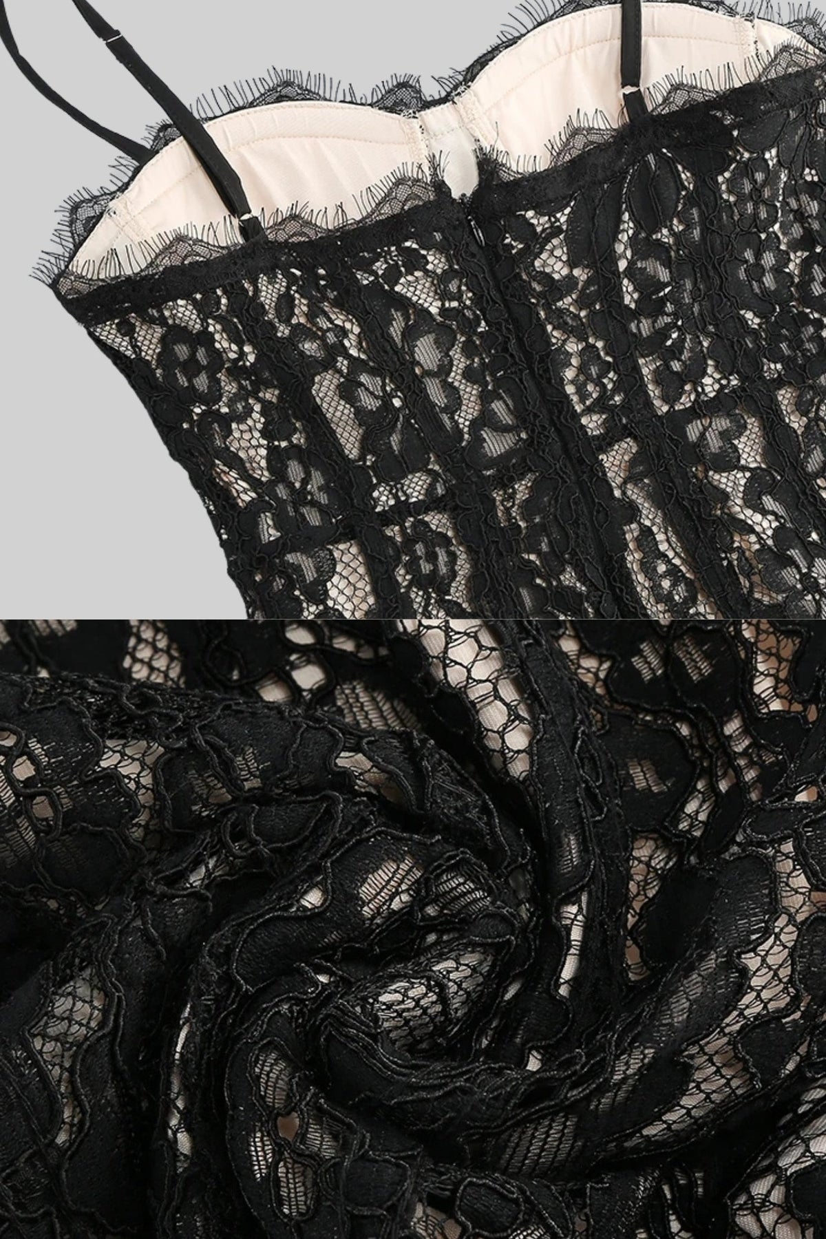Lace Midi Dress With Sheer Corset Bodice - Black - View 9