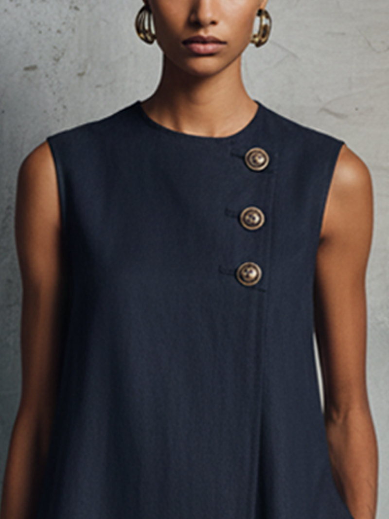 Crew Neck Sleeveless Side Button Shift Mini Dress 4