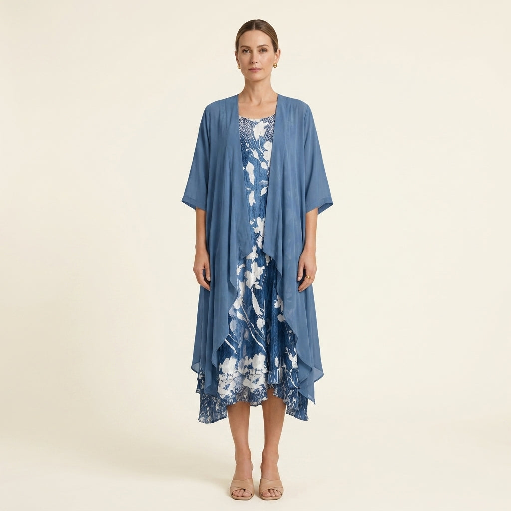 Open Front Draped Kimono and Floral Slip Dress Two Piece Set