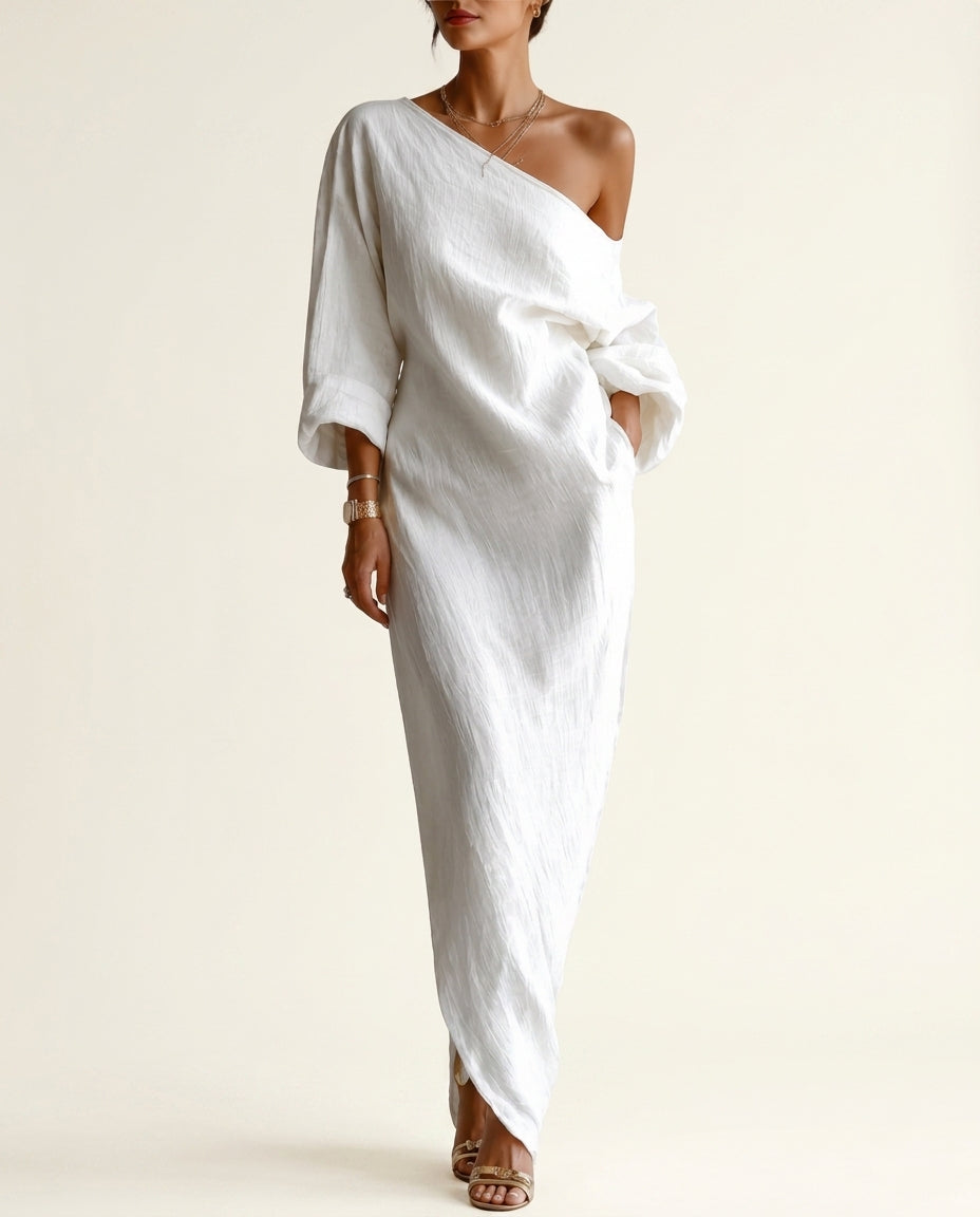 One Shoulder Long Sleeve Satin Maxi Dress