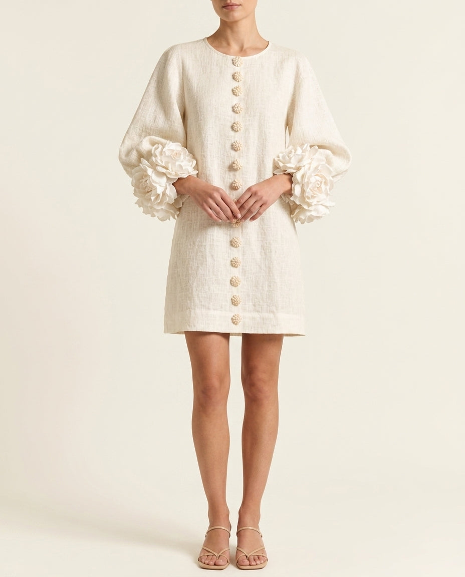 Tweed Button Front 3D Floral Balloon Sleeve Mini Dress