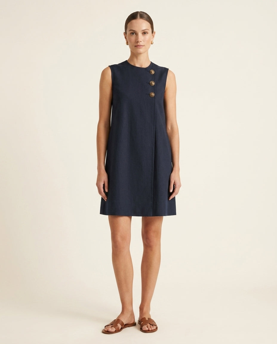 Crew Neck Sleeveless Side Button Shift Mini Dress