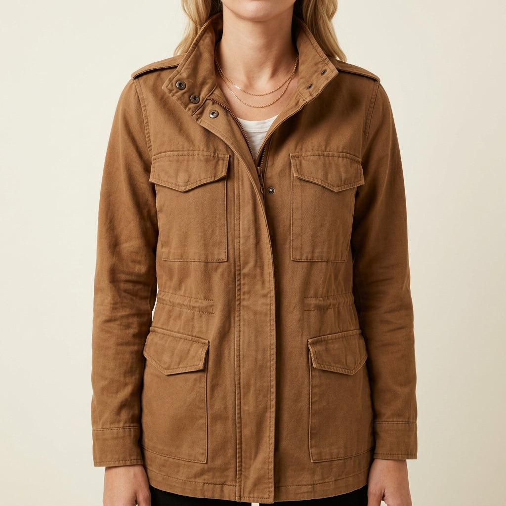 Stand Collar Zip Front Flap Pocket Utility Jacket