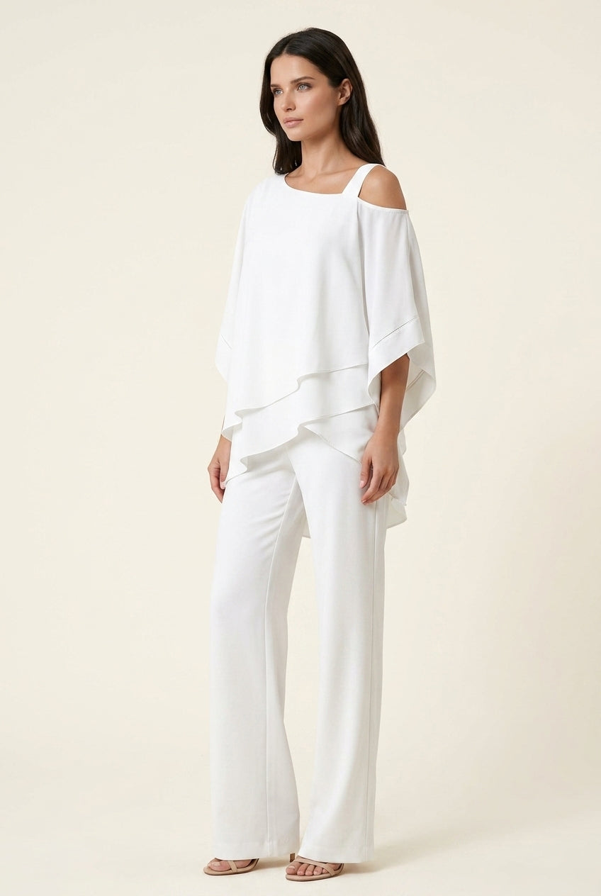 Cold Shoulder Cape Overlay Top and Wide Leg Pants Two Piece Set
