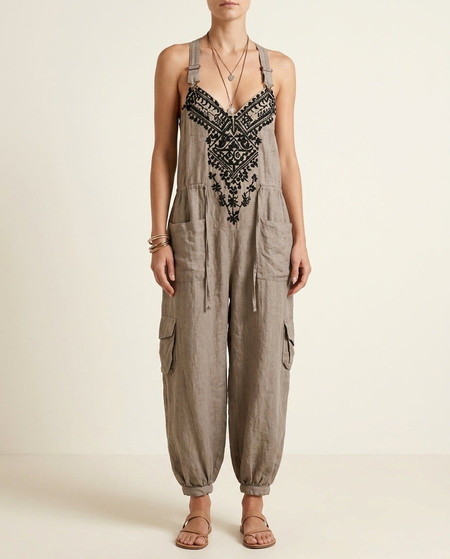 Embroidered Halter Cargo Pocket Wide Leg Jumpsuit