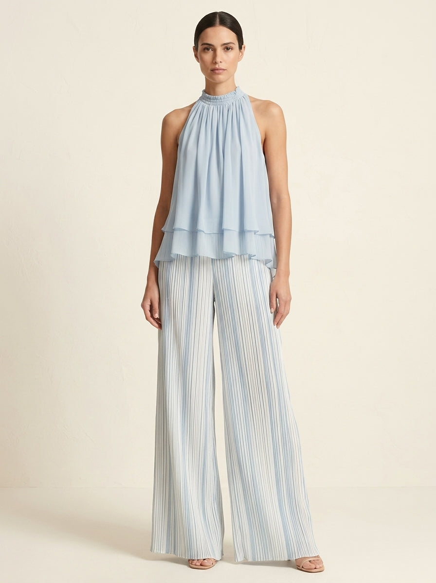 Halter Neck Layered Top and Wide Leg Pants Two Piece Set