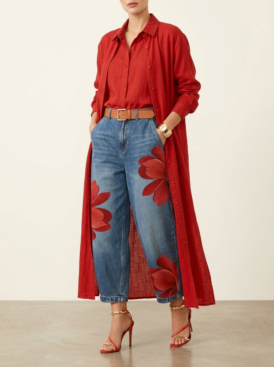Long Sleeve Duster Shirt and Floral Wide Leg Jeans Two Piece Set