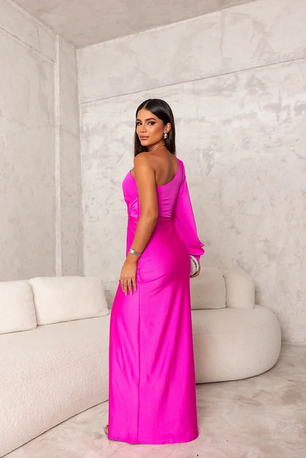 Satin One Shoulder Draped Bishop Sleeve Twist Waist Midi Dress - View 18