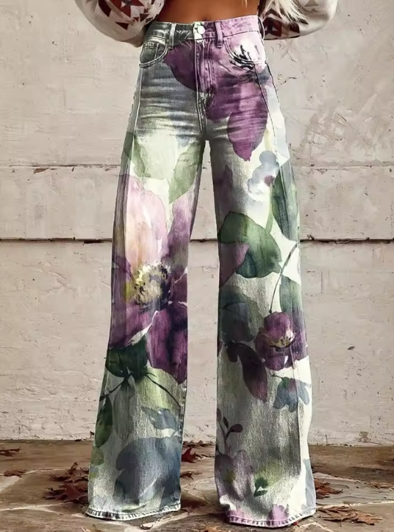 Floral Print Denim-Look High Waist Wide Leg Pants