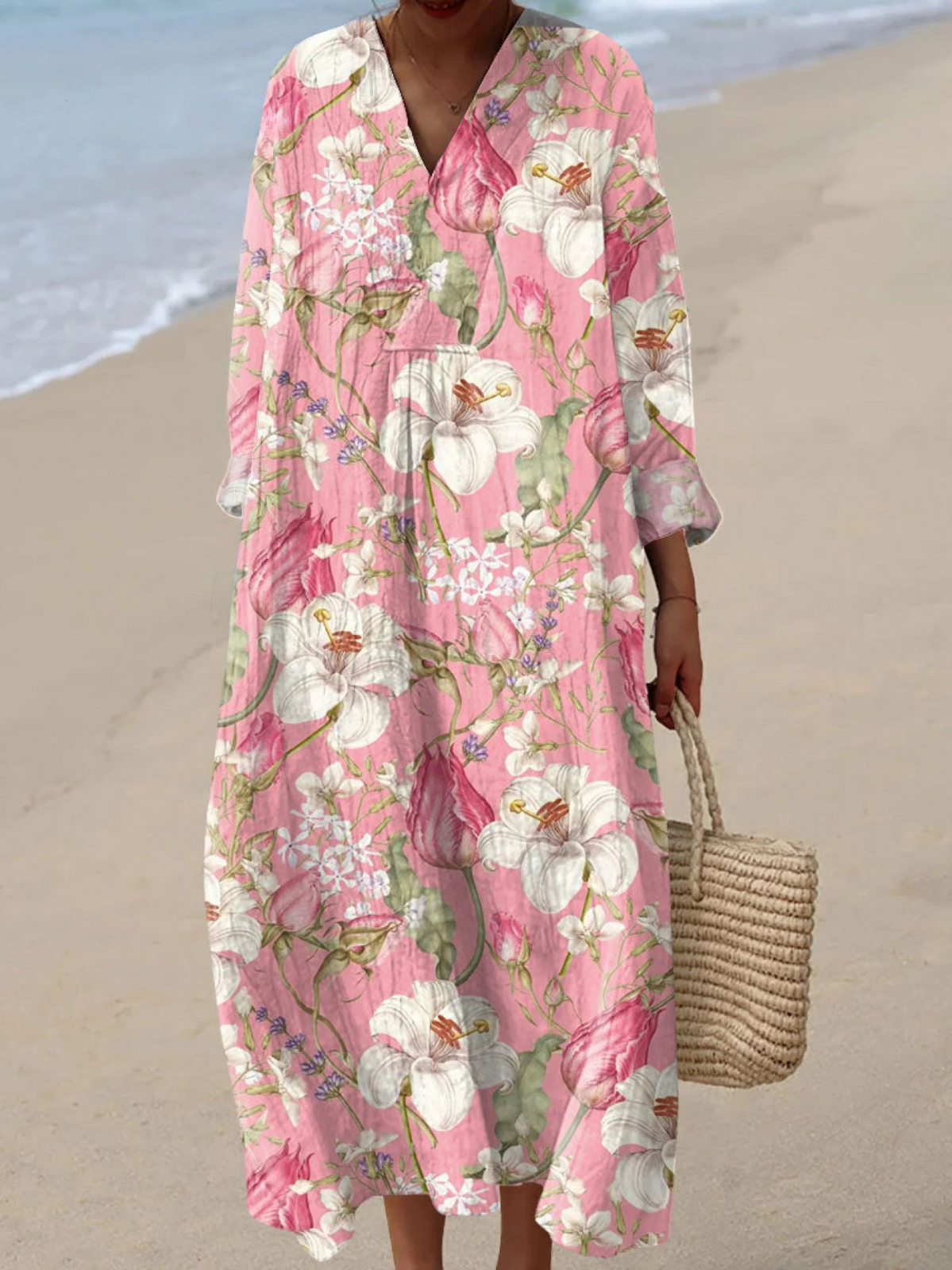 Floral Print V-Neck Long Sleeve Boho Maxi Dress