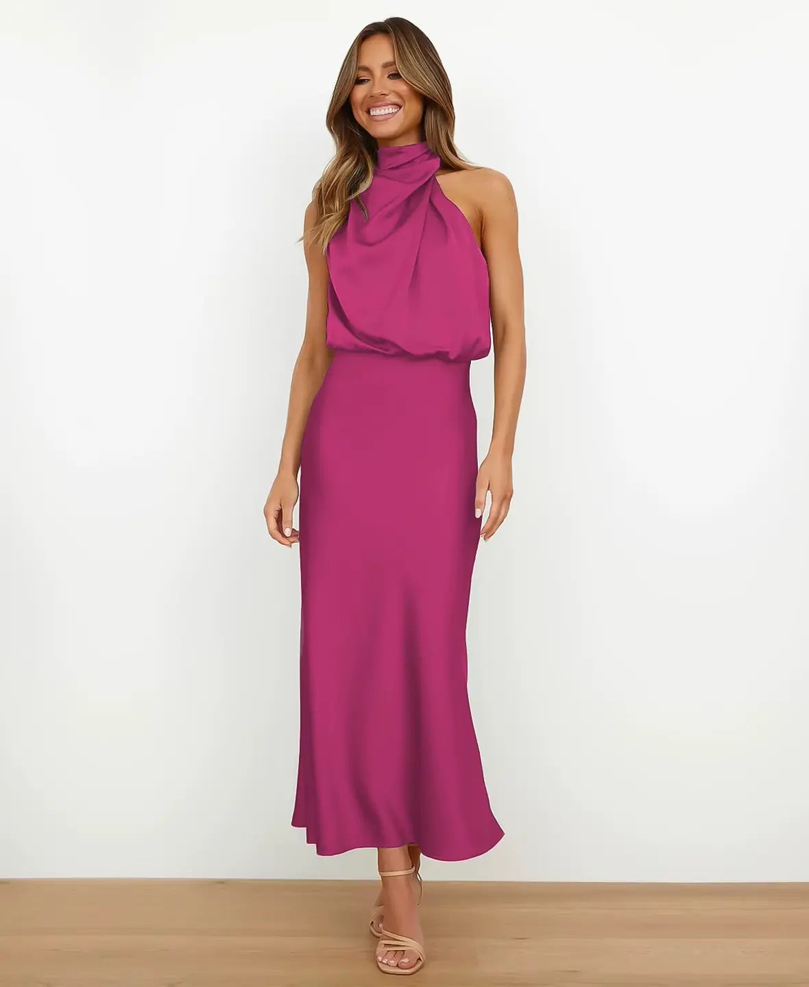 Satin Halter Neck Draped Cowl Bias Midi Dress 9