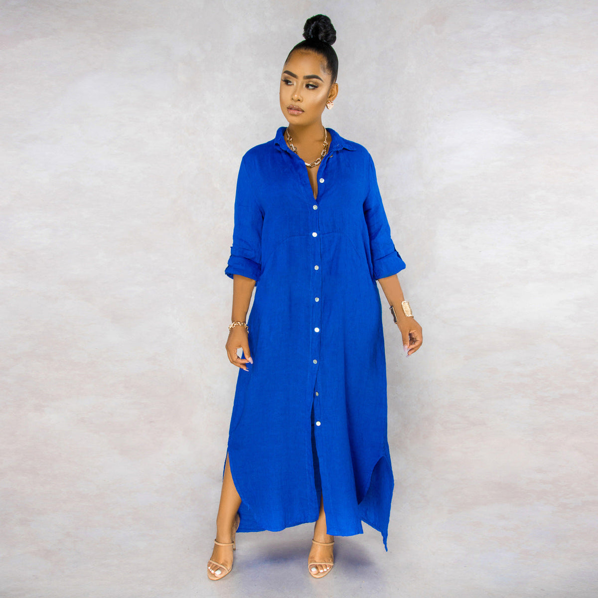 Button Down Collared Roll Tab Sleeve Box Pleat Maxi Shirt Dress - View 12
