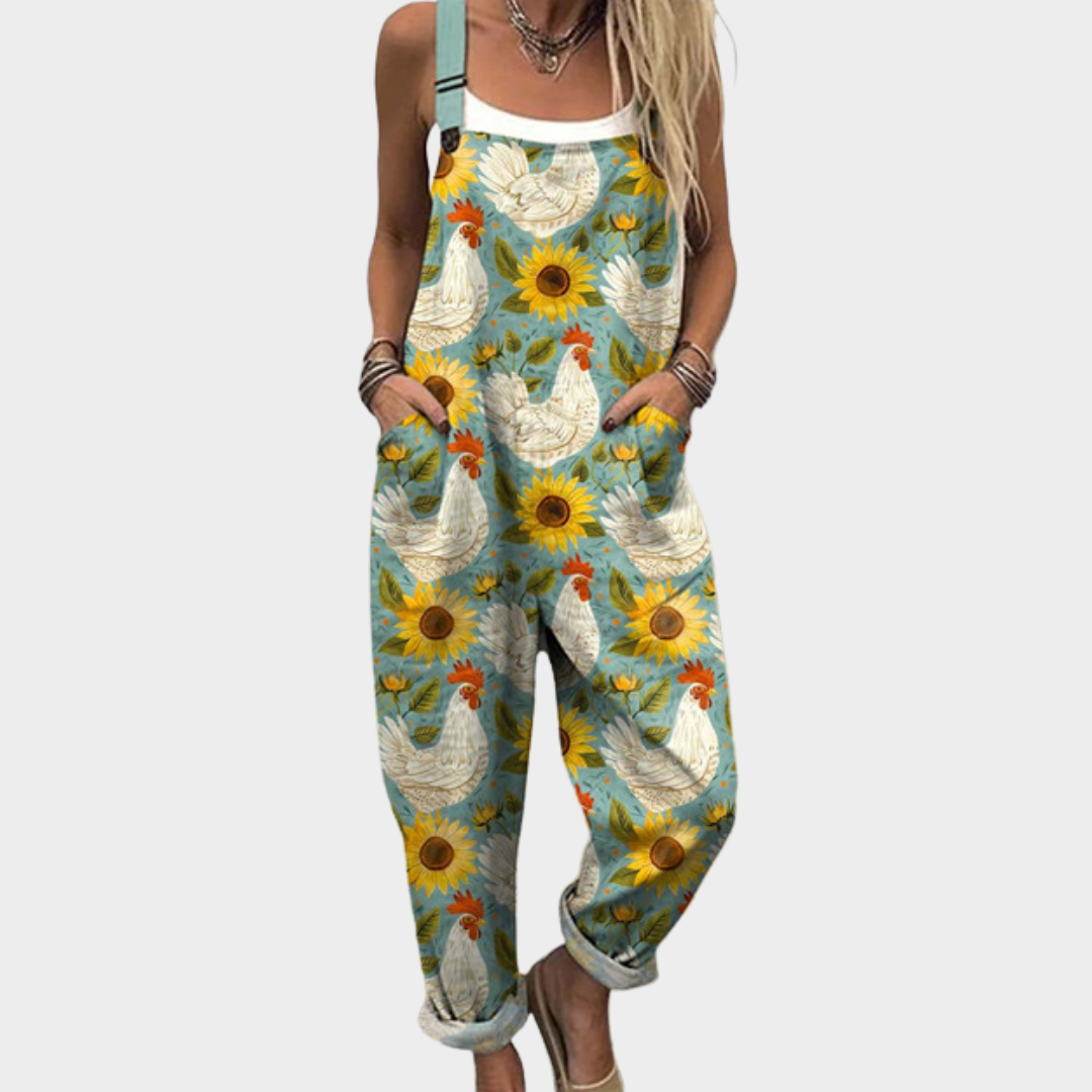 Sunflower Rooster Print Sleeveless Overall Jumpsuit