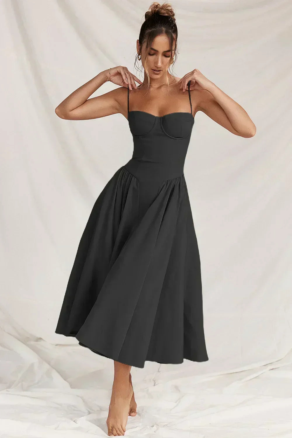 Spaghetti Strap Sweetheart Corset Fit and Flare Midi Dress - View 10