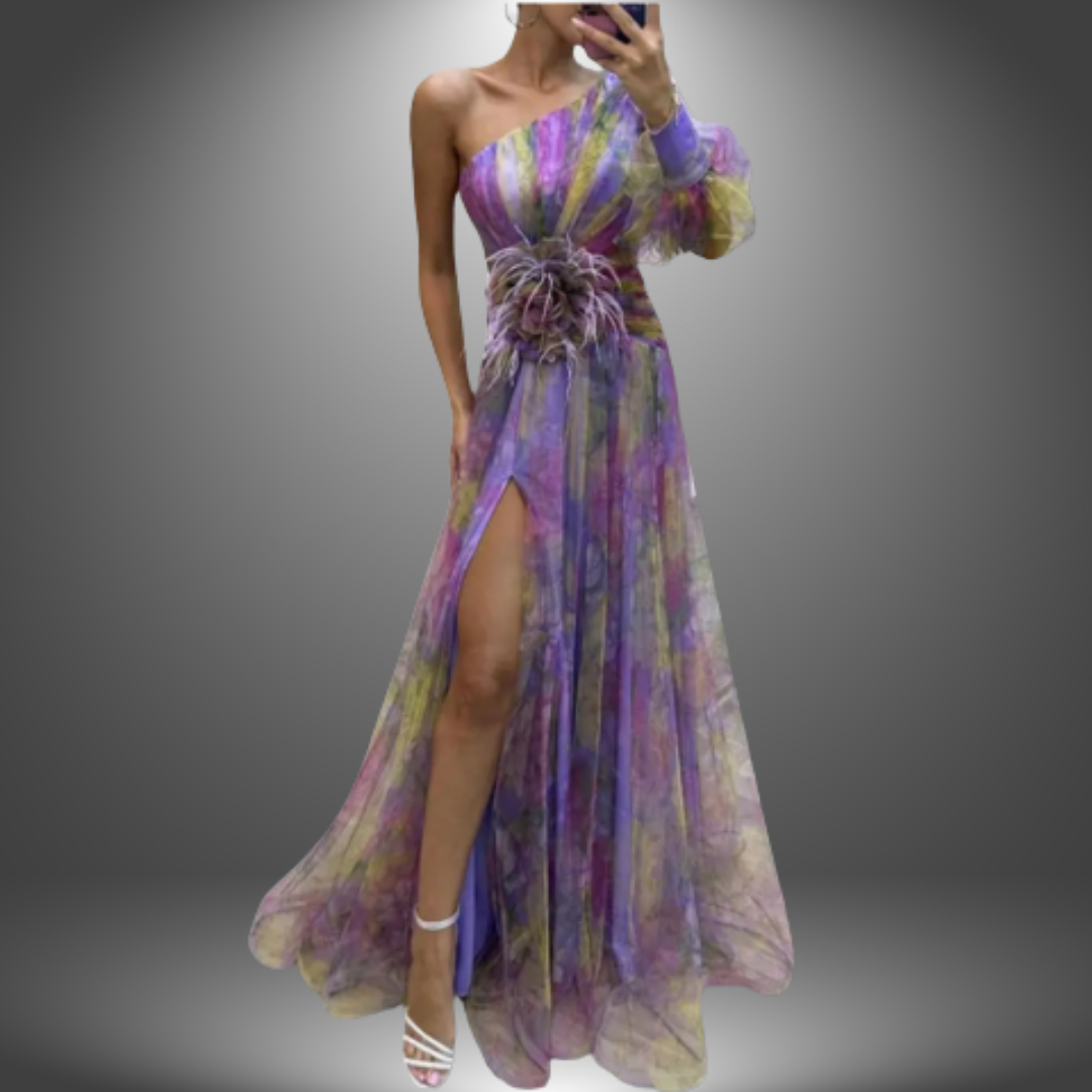 Watercolor Print One Shoulder Rosette Waist High Split Gown 4