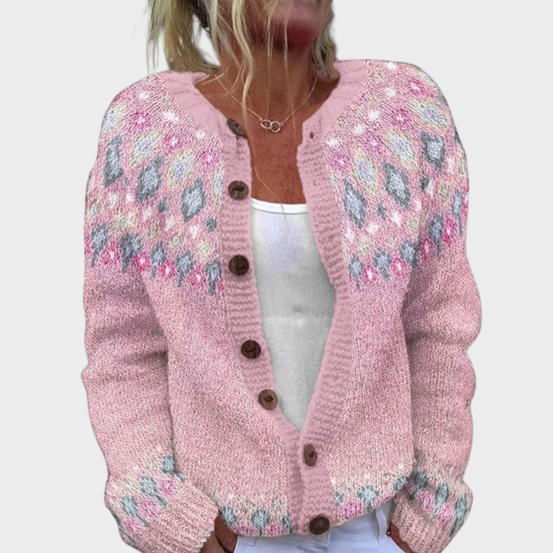 Fair Isle Round Neck Button Front Knit Cardigan