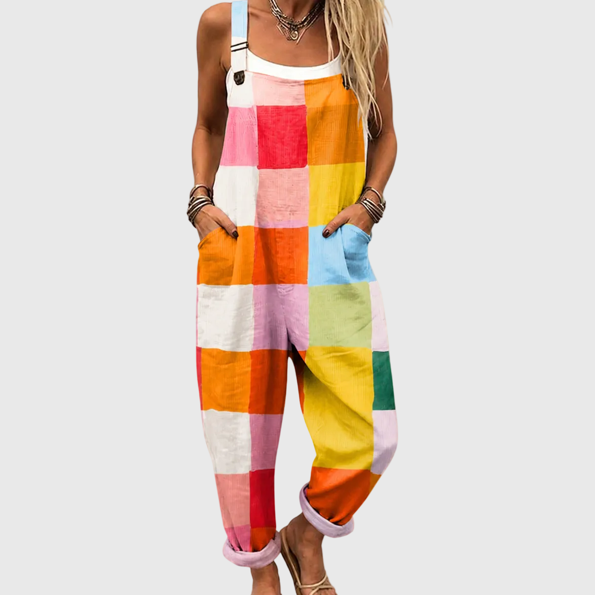 Sleeveless Colorblock Check Pocket Overall Jumpsuit
