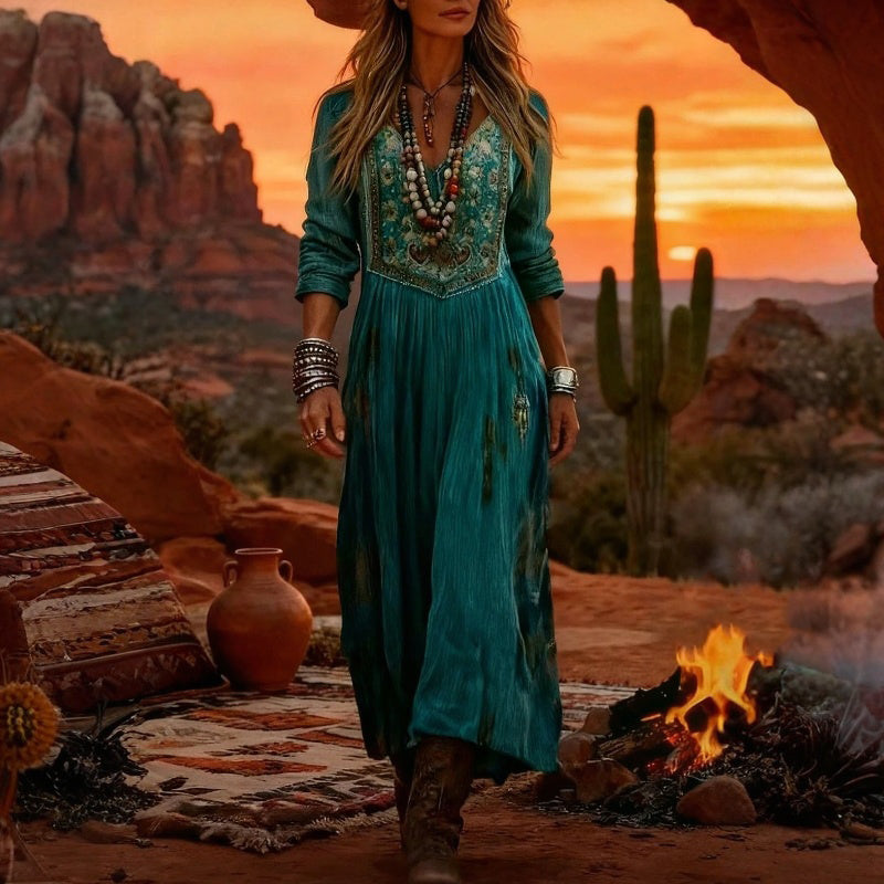 Embroidered V-Neck Long Sleeve Pleated Boho Maxi Dress 2