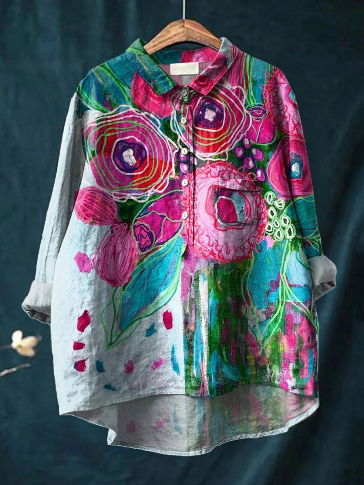 Abstract Floral Print Collared Button Long Sleeve Shirt