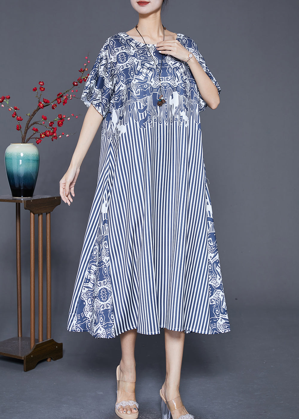 Mixed Print Folk Motif Vertical Stripe Patchwork Midi Dress