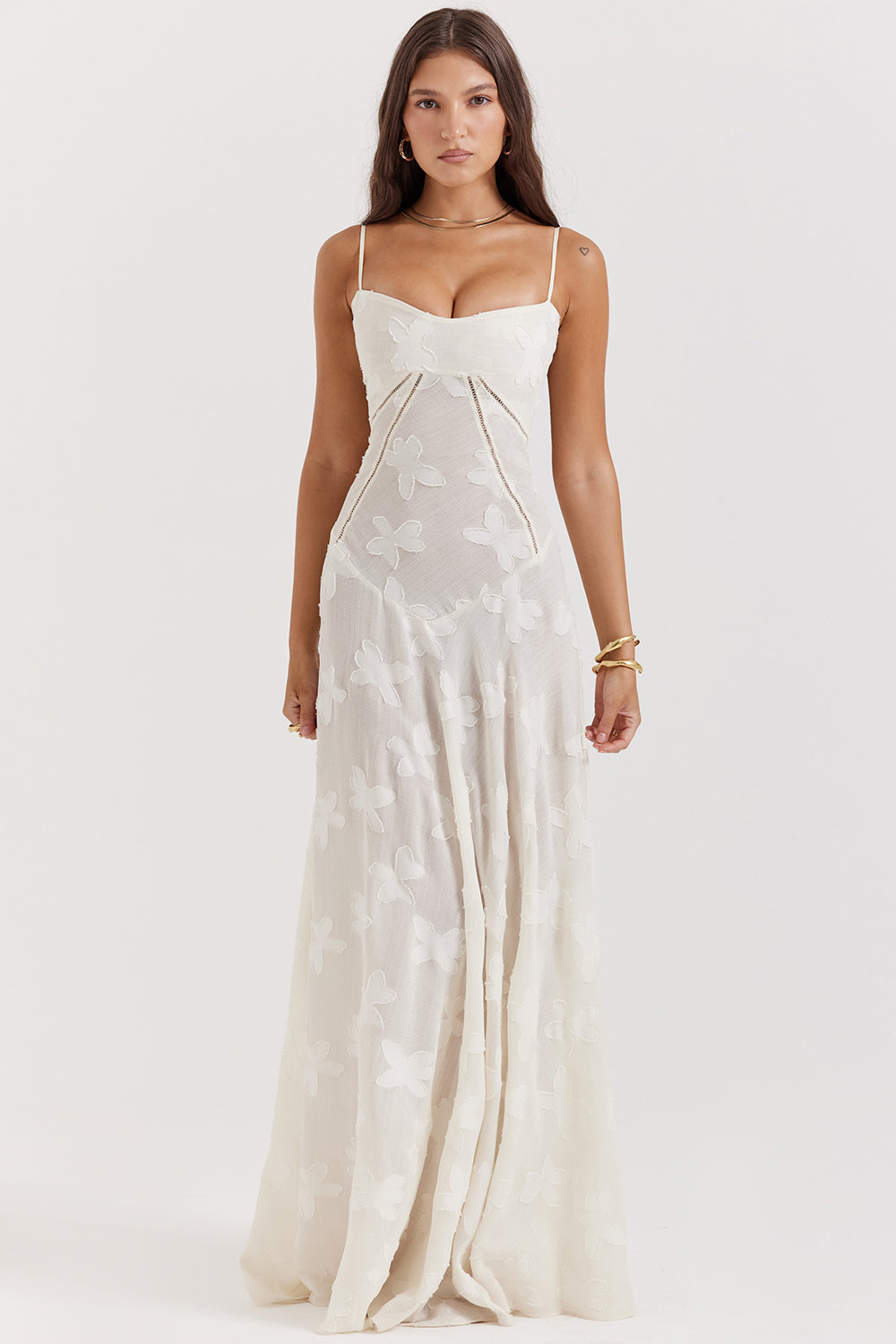 Floral Lace Spaghetti Strap Corset Bodice Sheer Mesh Maxi Gown 46