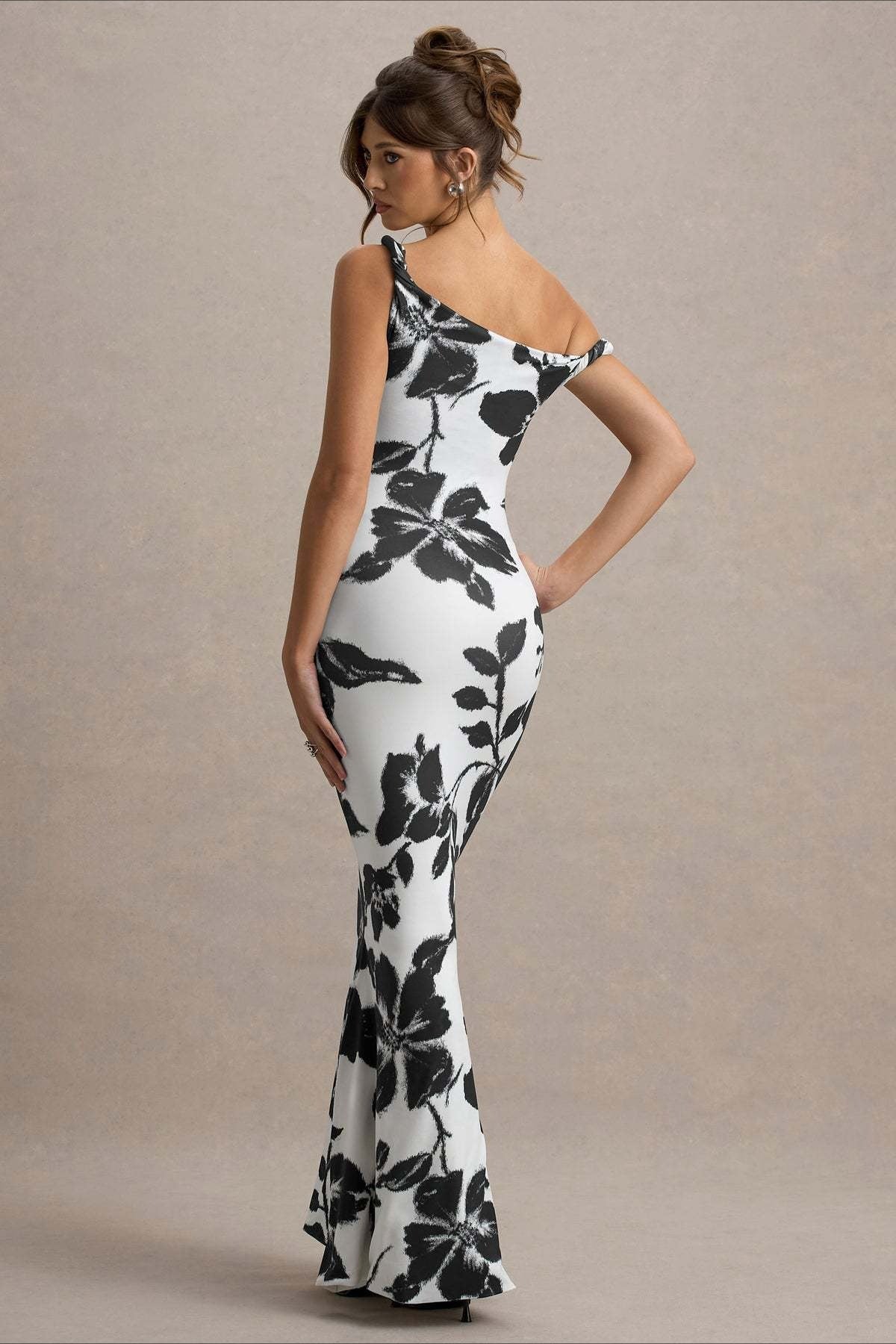 Floral Print One Shoulder Fishtail Bodycon Maxi Dress - View 4