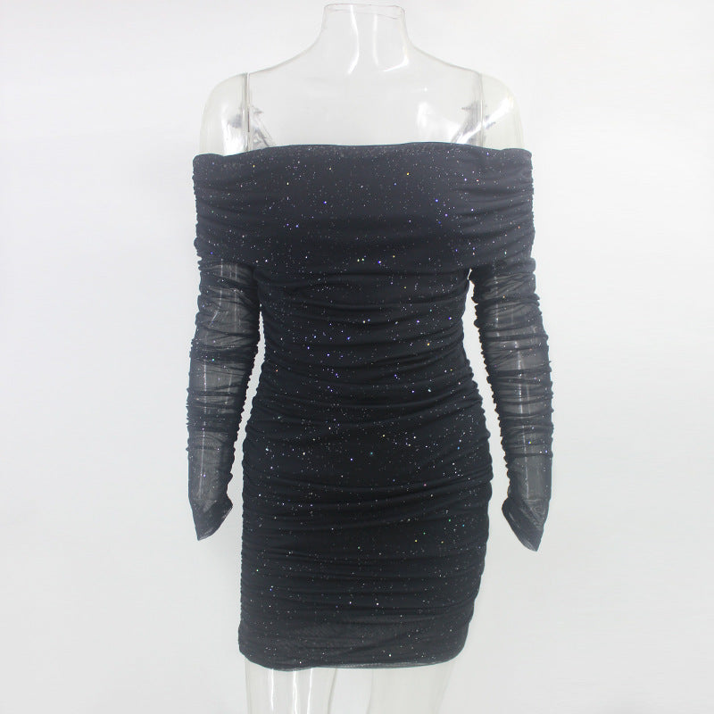 Off Shoulder Long Sleeve Sequin Mesh Ruched Bodycon Mini Party Dress - View 7