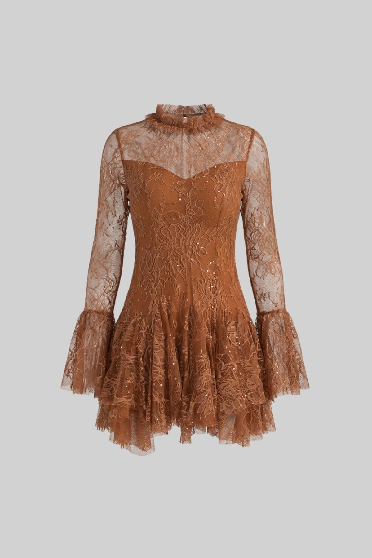 Sheer Lace Long Sleeve Mini Dress With Ruffled Hem - Rust - View 2