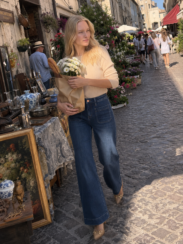High-Waist Vintage Washed Wide-Leg Denim Jeans